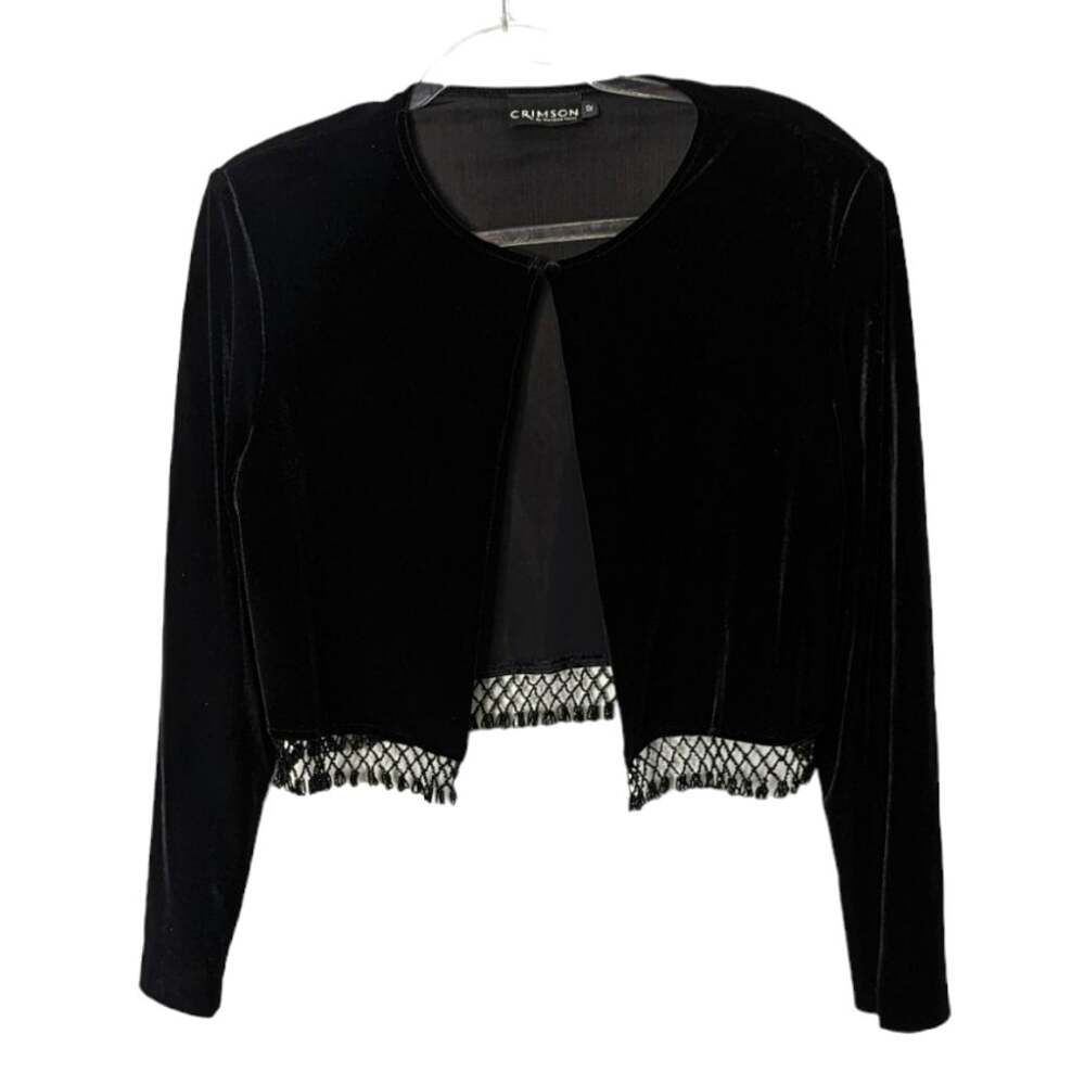 Vintage 90's Crimson Black Velvet Cropped Open Front Bolero Cardigan Bead Trim